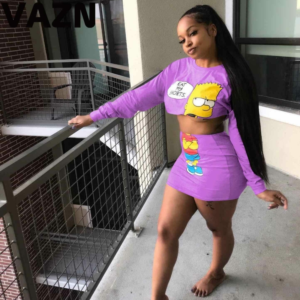 Full Sleeve Crop Top Skirt Cartoon Print Canvas